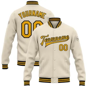 Custom Cream Gold-Black Bomber Full-Snap Varsity Letterman Jacket