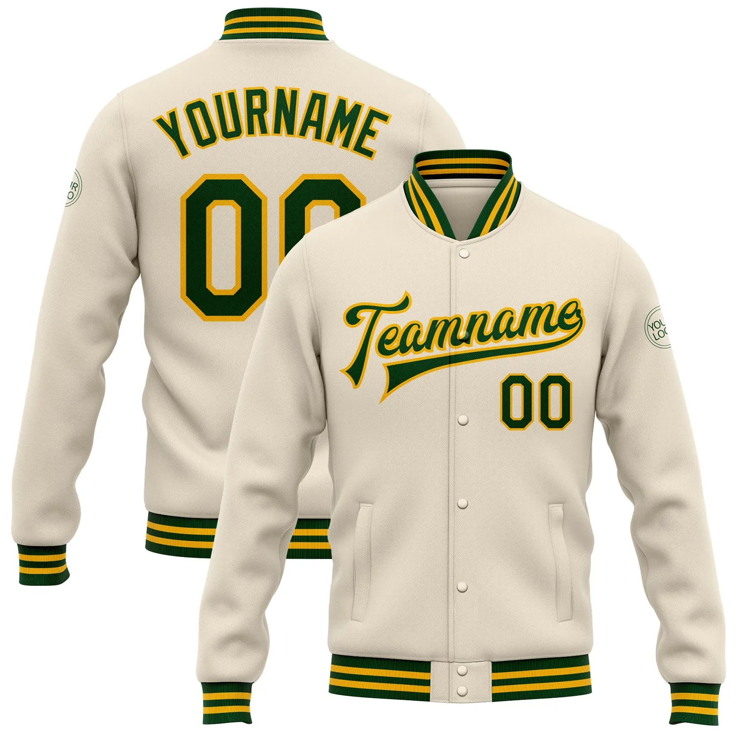 Custom Cream Green-Gold Bomber Full-Snap Varsity Letterman Jacket