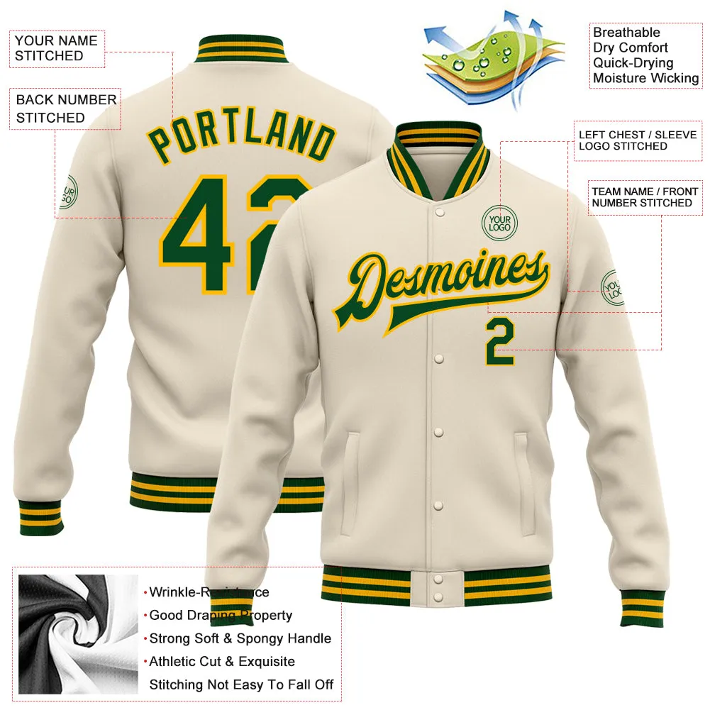 Custom Cream Green-Gold Bomber Full-Snap Varsity Letterman Jacket