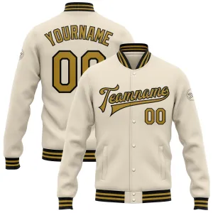 Custom Cream Old Gold-Black Bomber Full-Snap Varsity Letterman Jacket