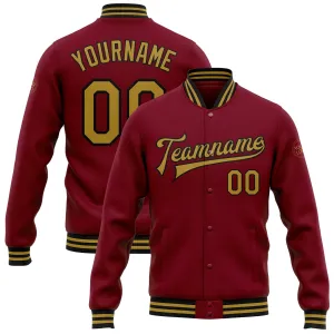 Custom Crimson Old Gold-Black Bomber Full-Snap Varsity Letterman Jacket