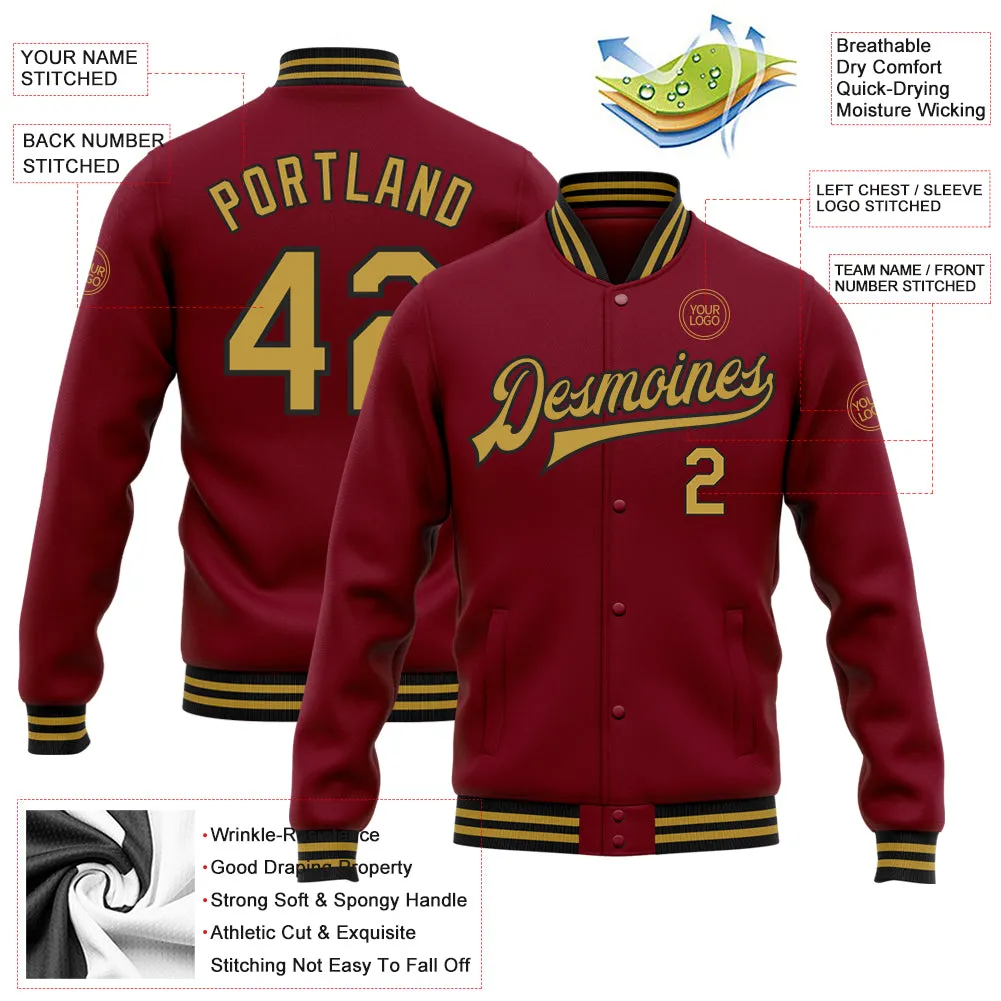 Custom Crimson Old Gold-Black Bomber Full-Snap Varsity Letterman Jacket