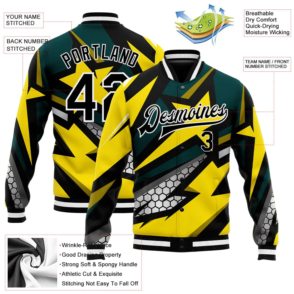 Custom Gold Black-Old Gold 3D Pattern Design Bomber Full-Snap Varsity Letterman Jacket