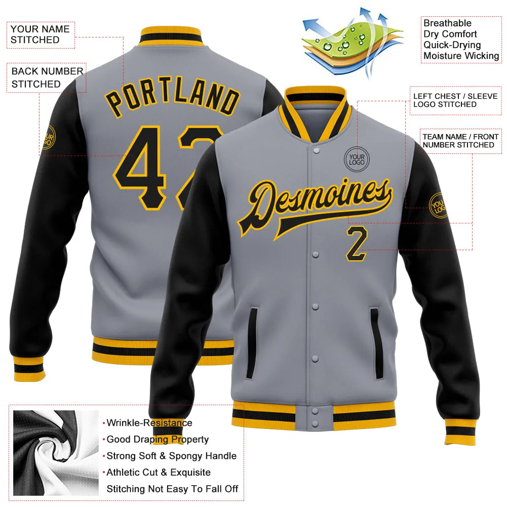 Custom Gray Black-Gold Bomber Full-Snap Varsity Letterman Two Tone Jacket