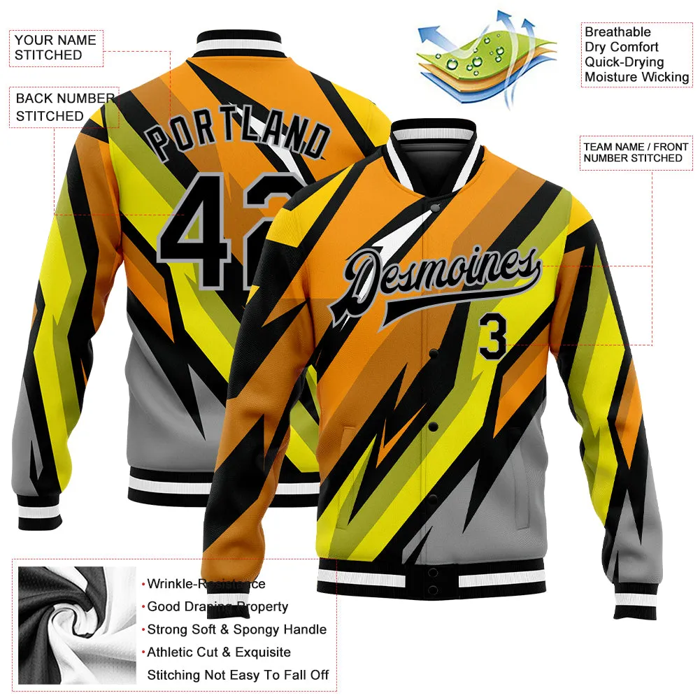 Custom Gray Black Orange-Gold 3D Pattern Design Bomber Full-Snap Varsity Letterman Jacket