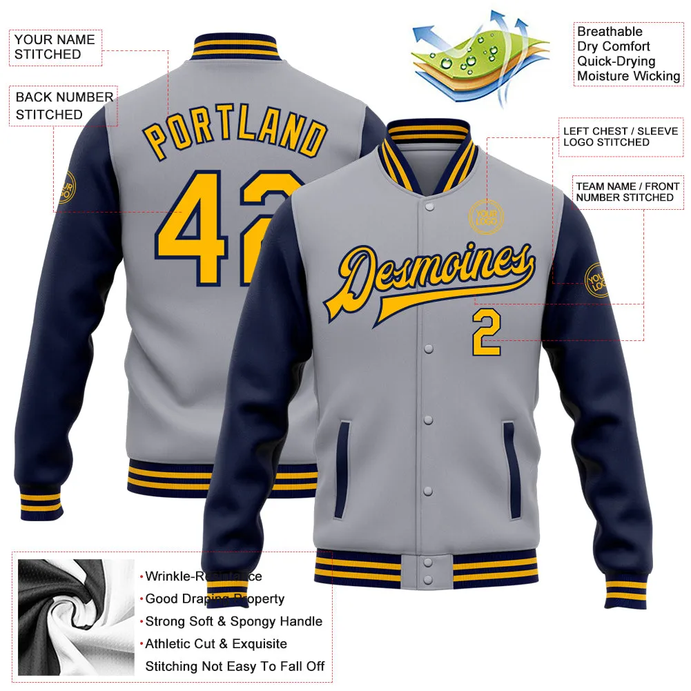 Custom Gray Gold-Navy Bomber Full-Snap Varsity Letterman Two Tone Jacket