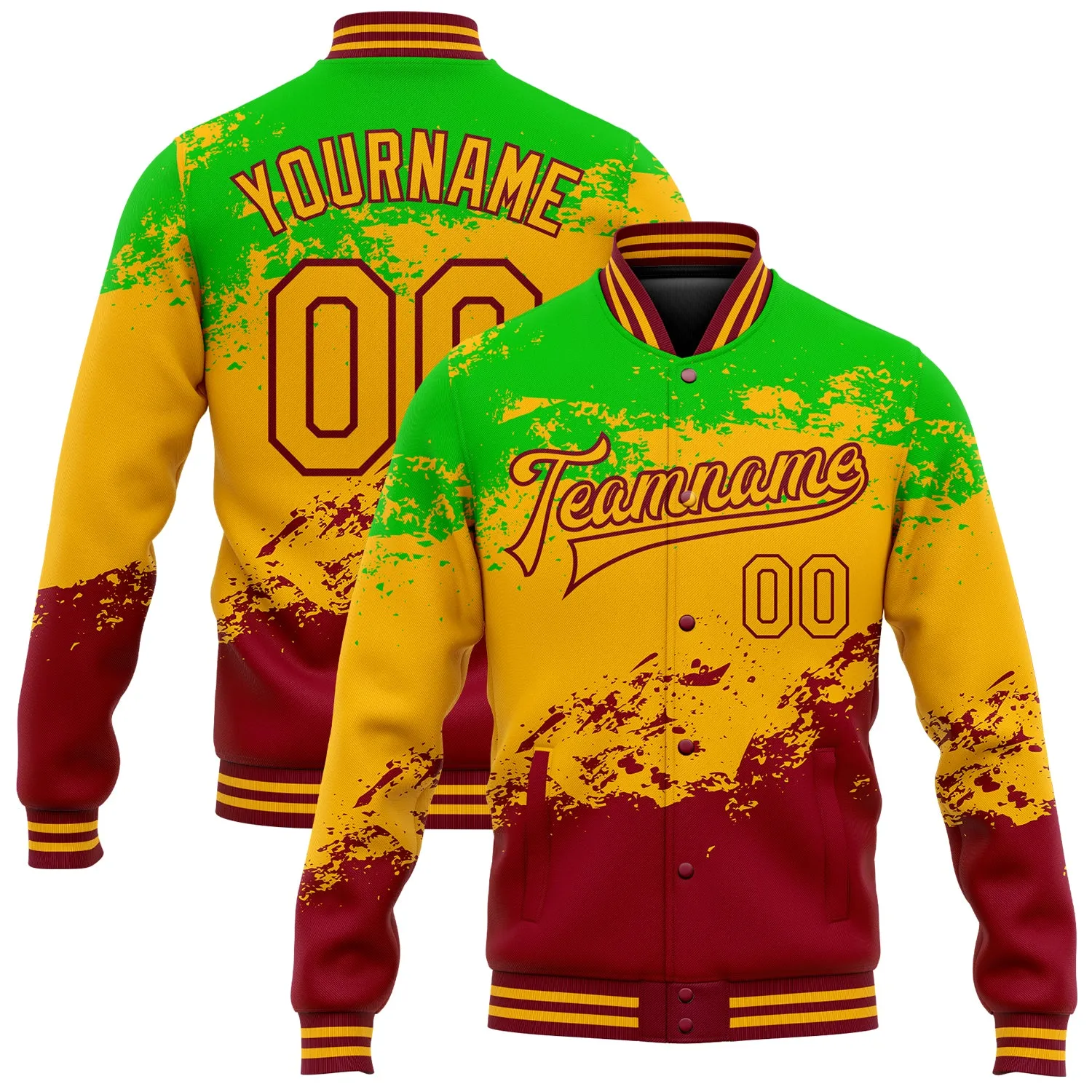 Custom Green Gold-Crimson Black History Month 3D Pattern Design Bomber Full-Snap Varsity Letterman Jacket