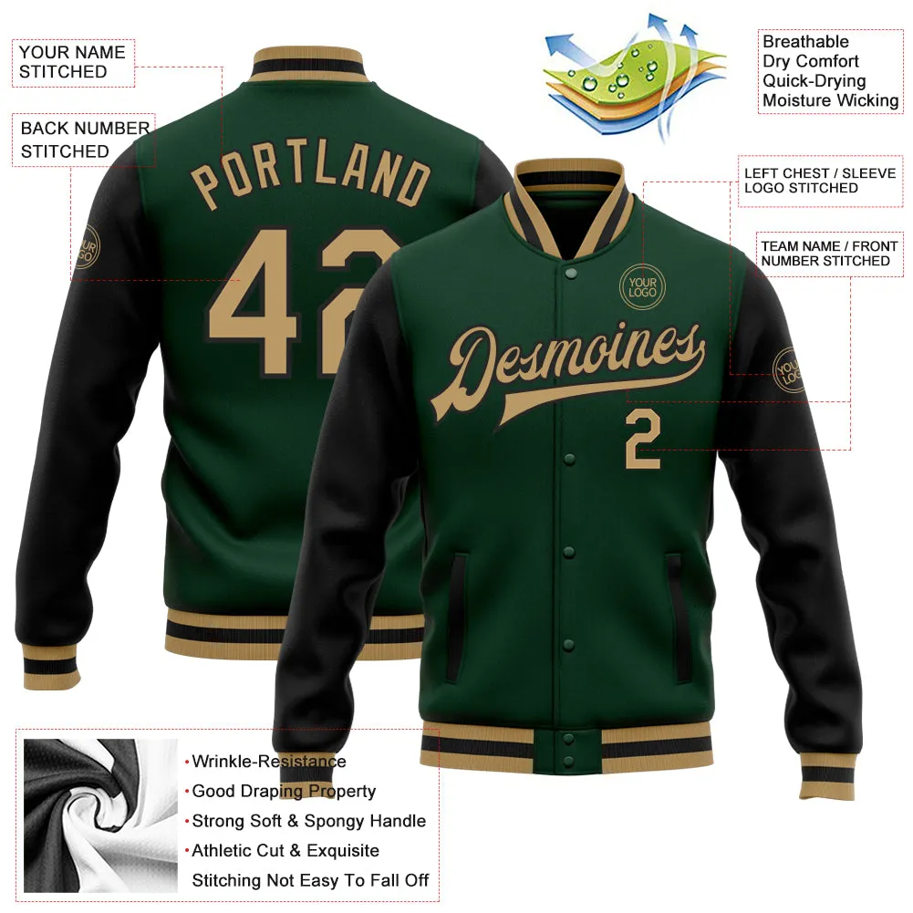 Custom Green Old Gold-Black Bomber Full-Snap Varsity Letterman Two Tone Jacket