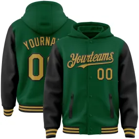 Custom Kelly Green Old Gold-Black Bomber Full-Snap Varsity Letterman Two Tone Hoodie Jacket