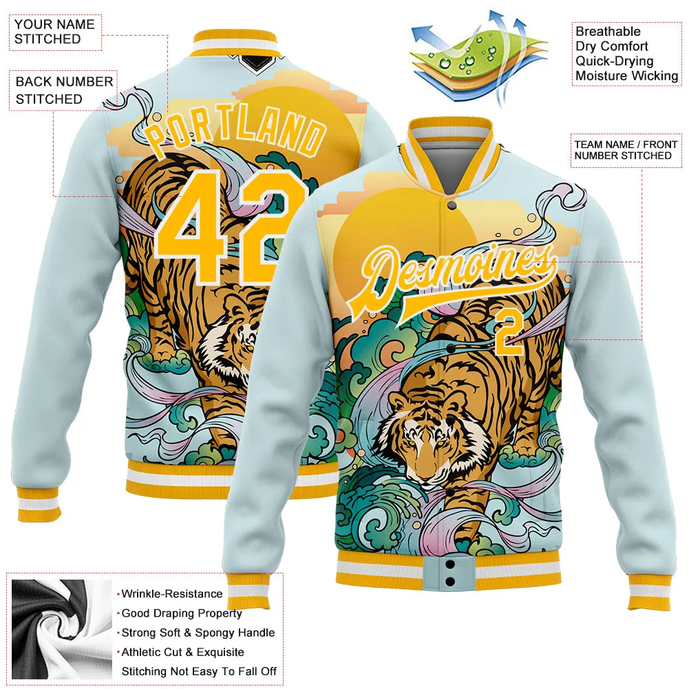 Custom Lakes Blue Gold-White Tiger 3D Pattern Design Bomber Full-Snap Varsity Letterman Jacket