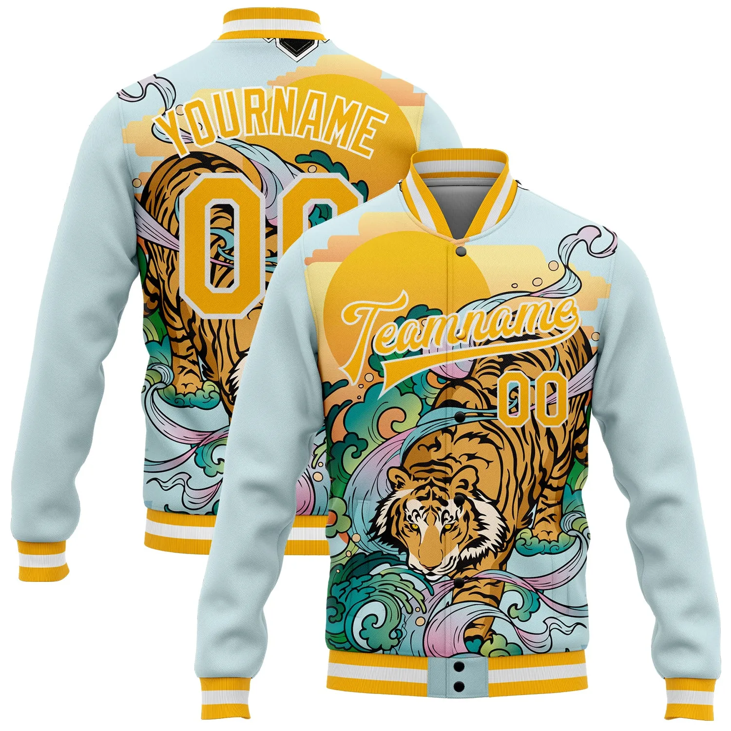 Custom Lakes Blue Gold-White Tiger 3D Pattern Design Bomber Full-Snap Varsity Letterman Jacket