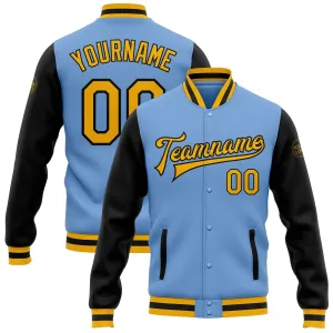 Custom Light Blue Gold-Black Bomber Full-Snap Varsity Letterman Two Tone Jacket