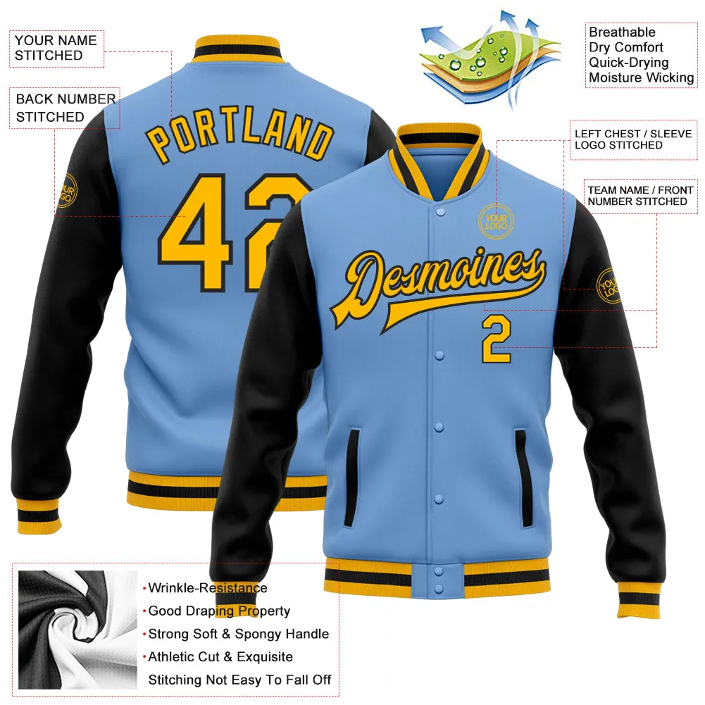 Custom Light Blue Gold-Black Bomber Full-Snap Varsity Letterman Two Tone Jacket