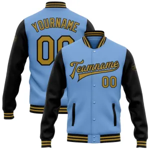 Custom Light Blue Old Gold-Black Bomber Full-Snap Varsity Letterman Two Tone Jacket