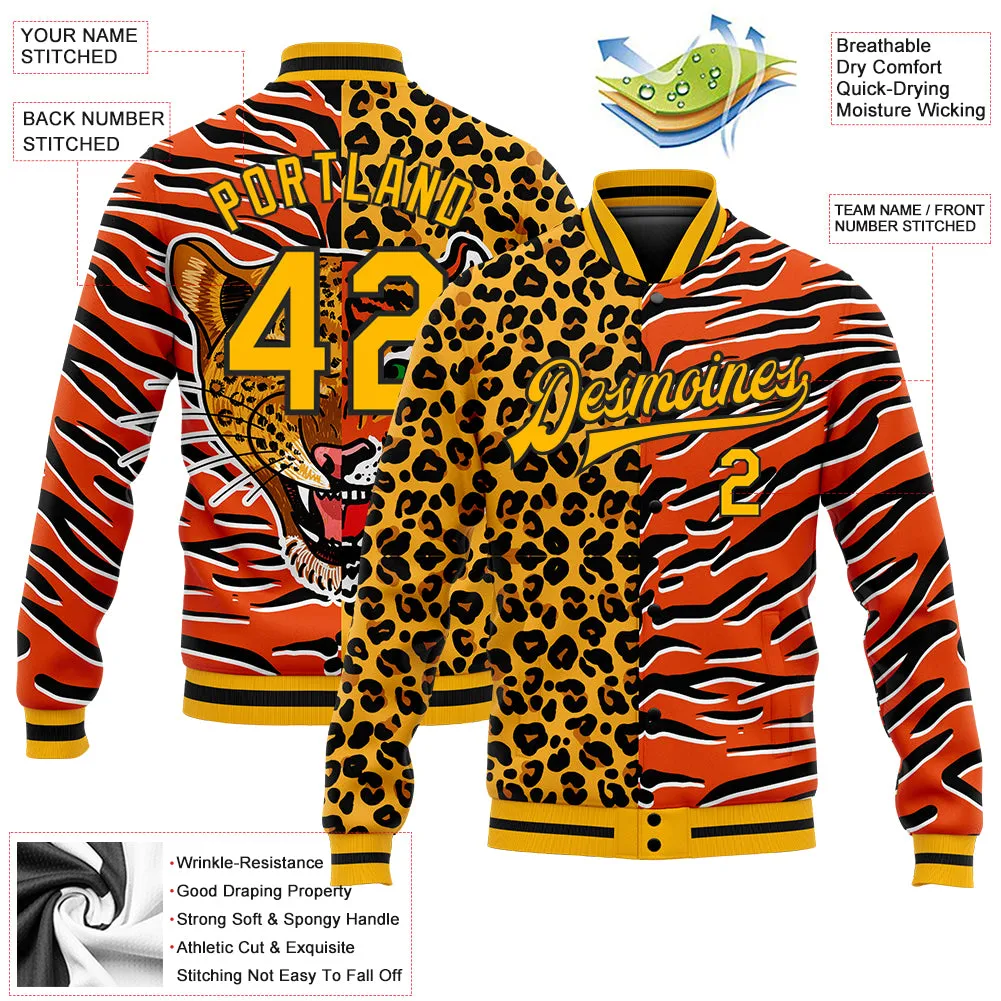 Custom Orange Gold-Black Tiger And Leopard Print 3D Pattern Design Bomber Full-Snap Varsity Letterman Jacket