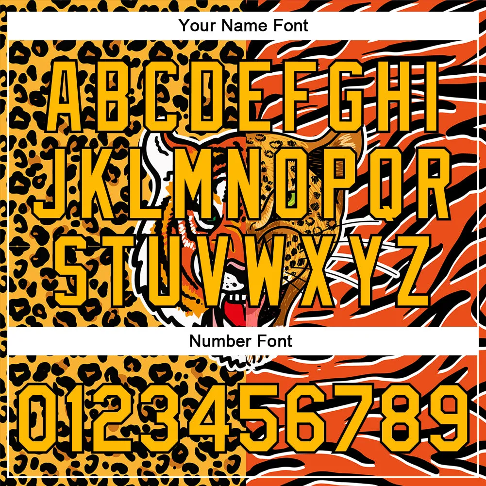 Custom Orange Gold-Black Tiger And Leopard Print 3D Pattern Design Bomber Full-Snap Varsity Letterman Jacket