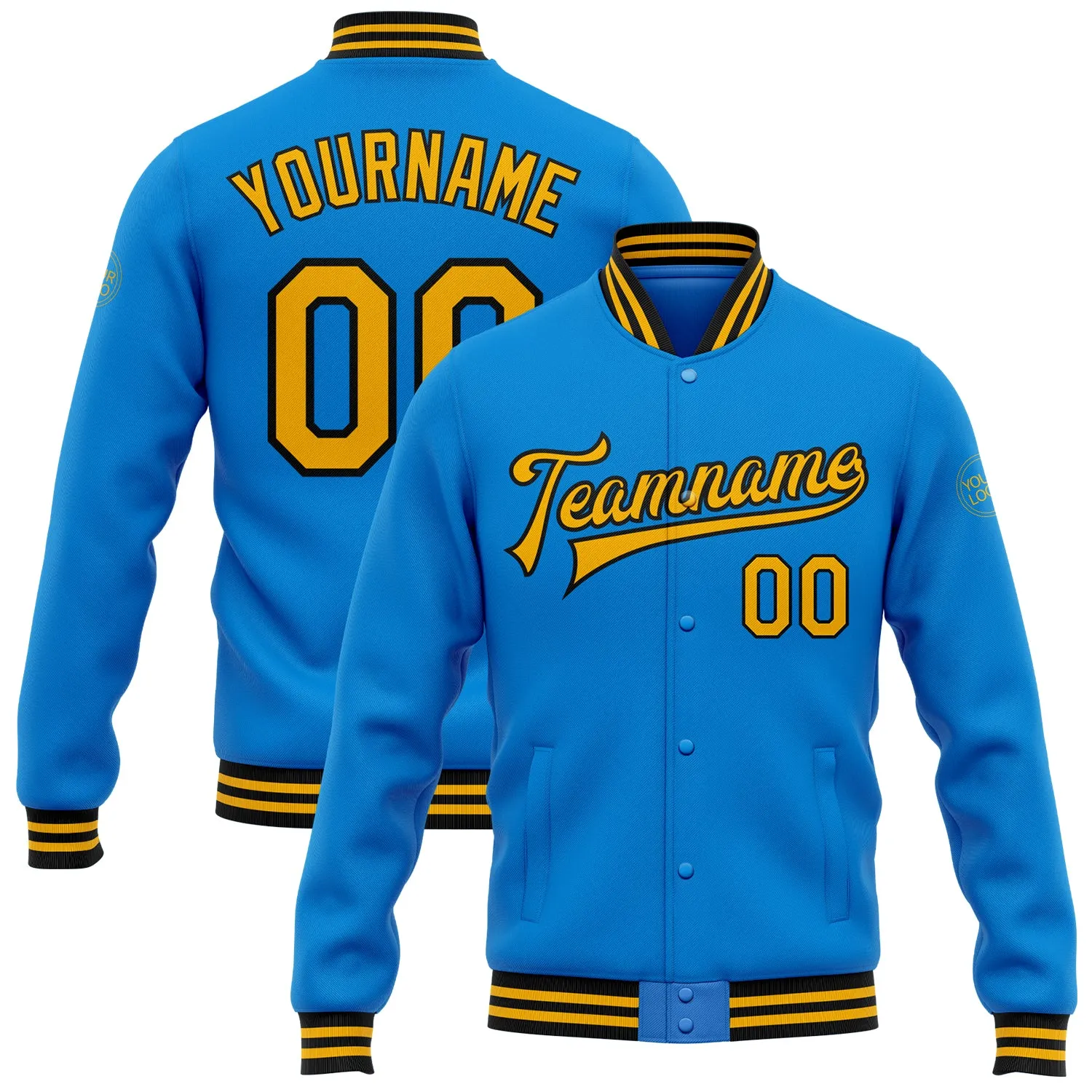 Custom Powder Blue Gold-Black Bomber Full-Snap Varsity Letterman Jacket