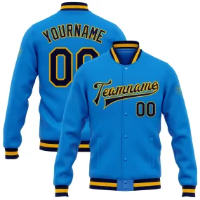 Custom Powder Blue Navy-Gold Bomber Full-Snap Varsity Letterman Jacket