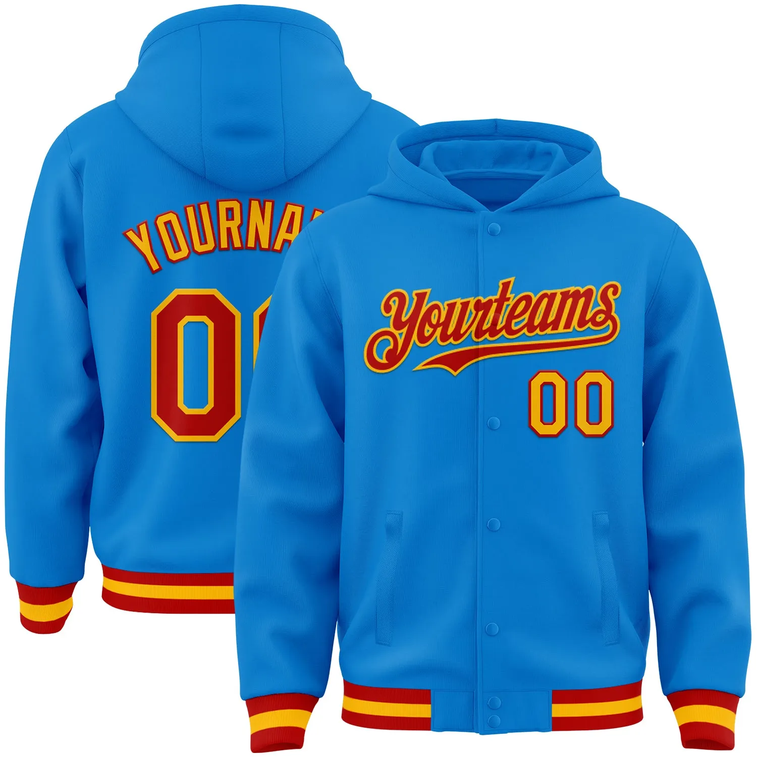 Custom Powder Blue Red-Gold Bomber Full-Snap Varsity Letterman Hoodie Jacket