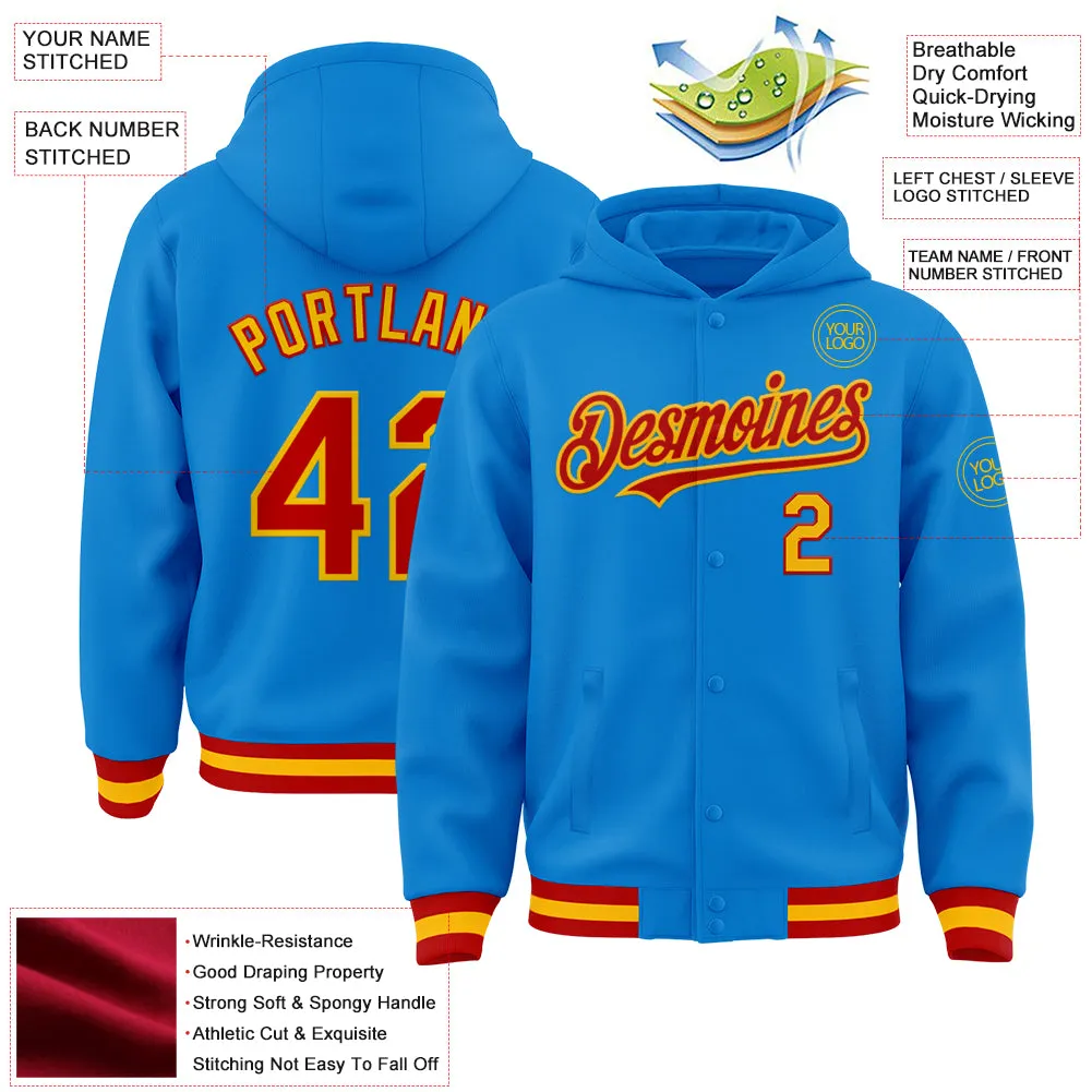 Custom Powder Blue Red-Gold Bomber Full-Snap Varsity Letterman Hoodie Jacket