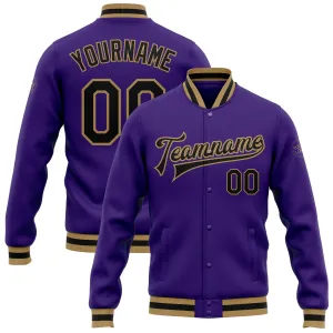 Custom Purple Black-Old Gold Bomber Full-Snap Varsity Letterman Jacket