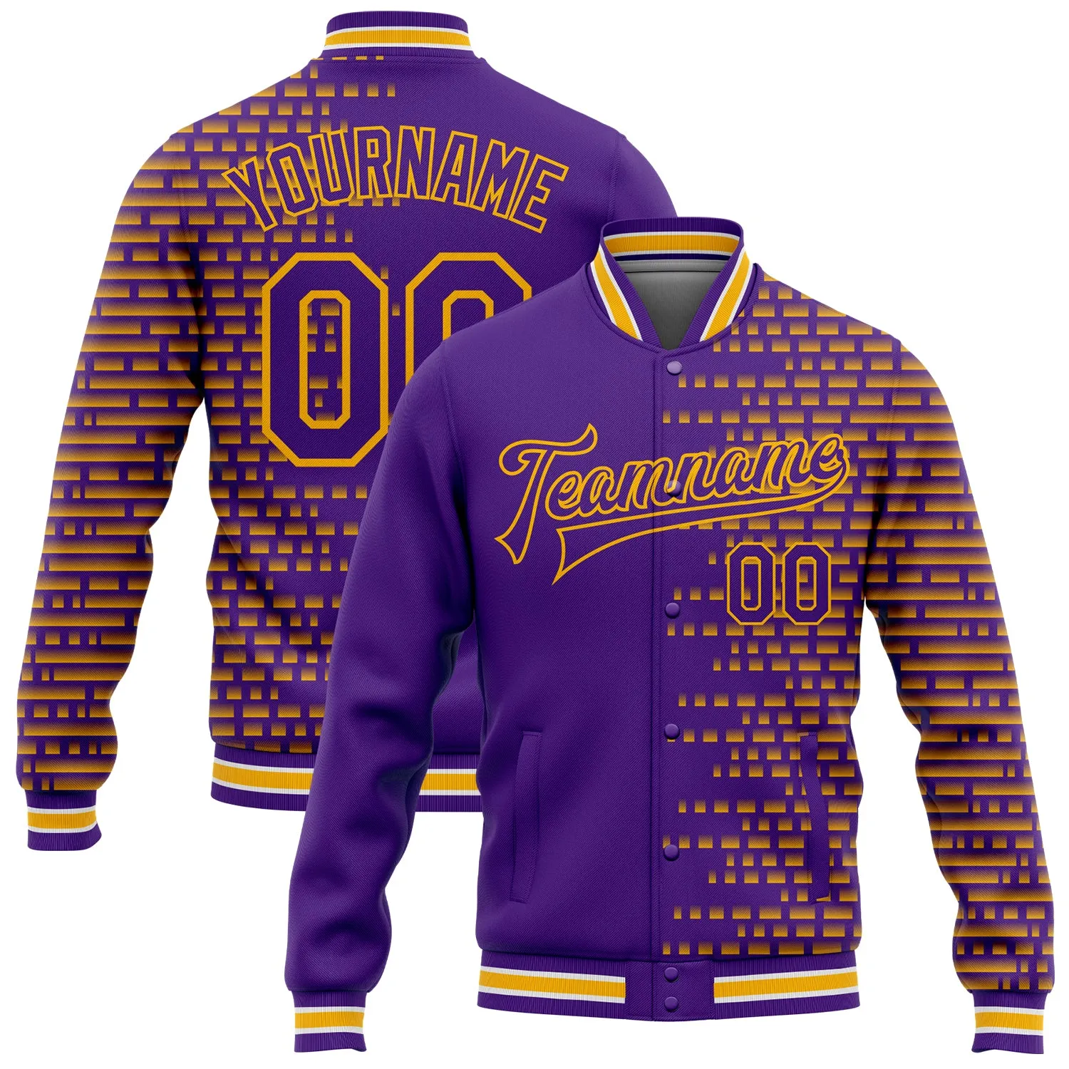 Custom Purple Gold-White Halftone 3D Pattern Design Bomber Full-Snap Varsity Letterman Jacket