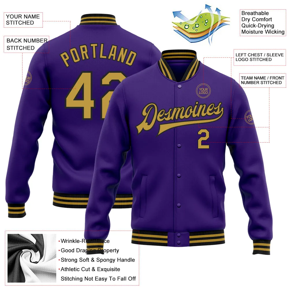 Custom Purple Old Gold-Black Bomber Full-Snap Varsity Letterman Jacket