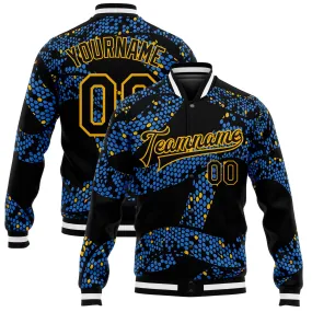 Custom Royal Black-Gold 3D Pattern Design Bomber Full-Snap Varsity Letterman Jacket