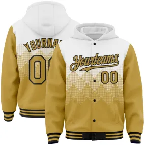 Custom White Old Gold-Black Gradient Square Shape 3D Pattern Design Bomber Full-Snap Varsity Letterman Hoodie Jacket