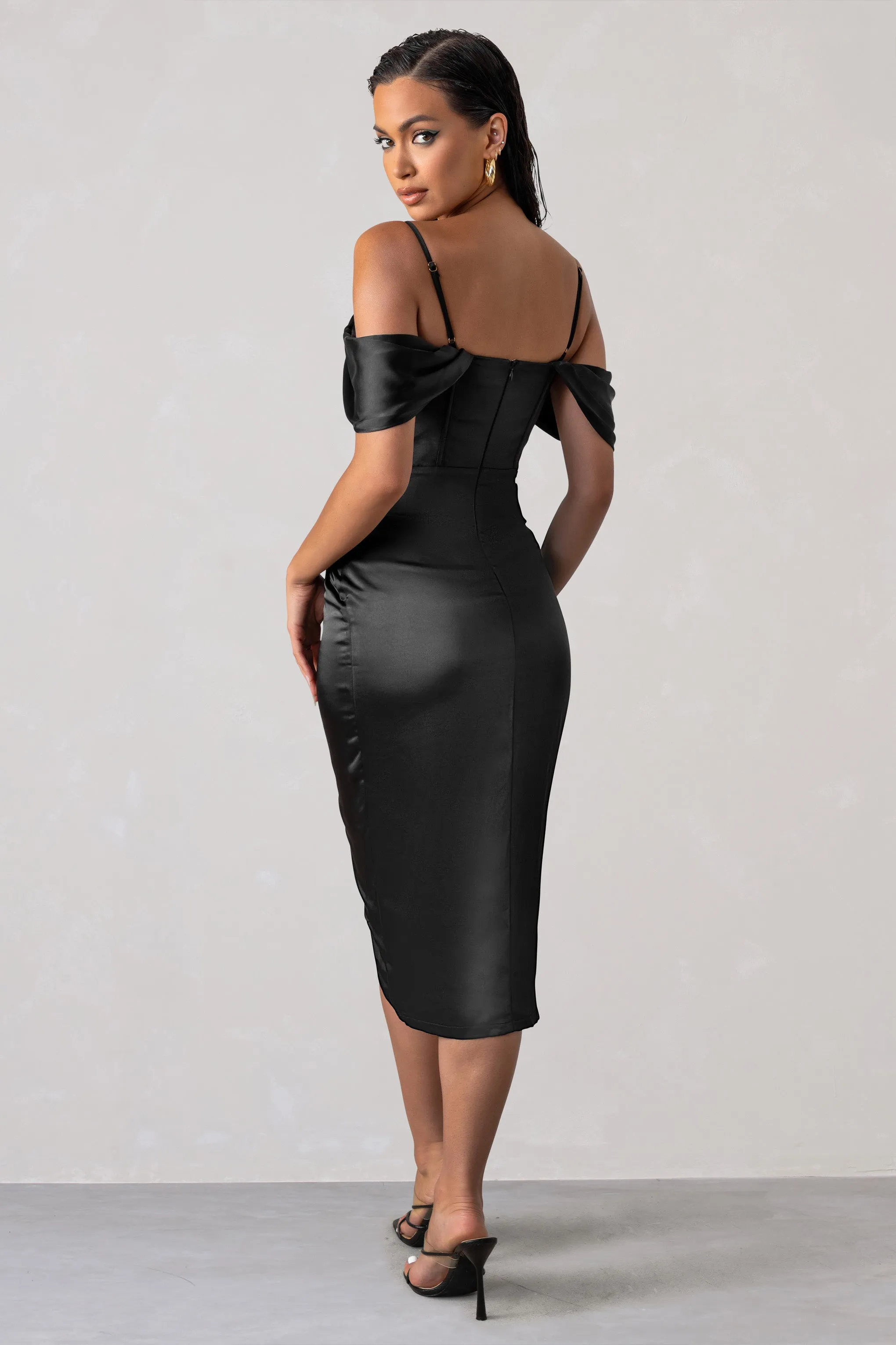 Deserving | Black Satin Bardot Sleeve Corset Wrap Midi Dress