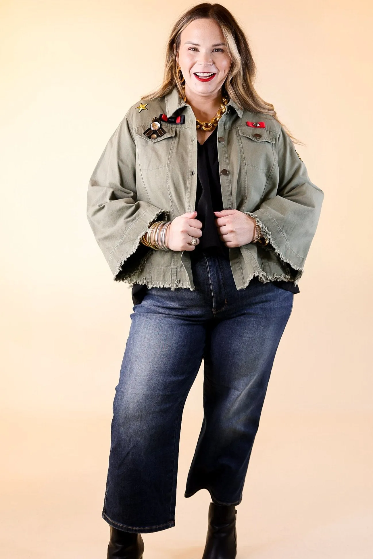 Downtown Denver Flare Sleeve Cropped Jacket with Patches in Olive Green