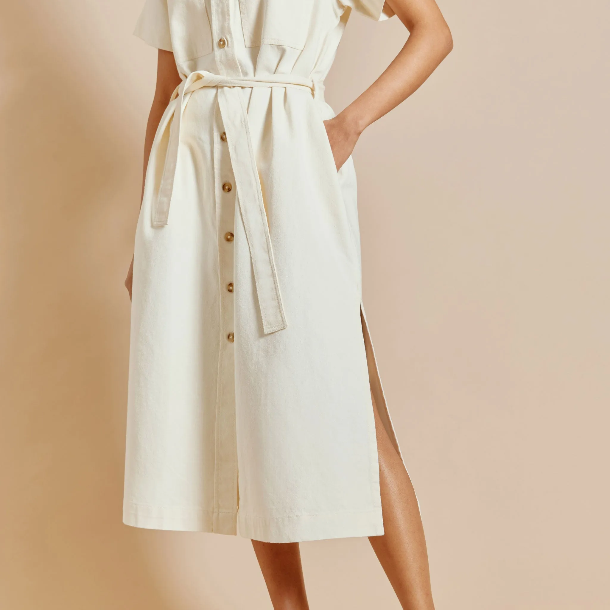 Ecru Denim Belted Dress by Albaray