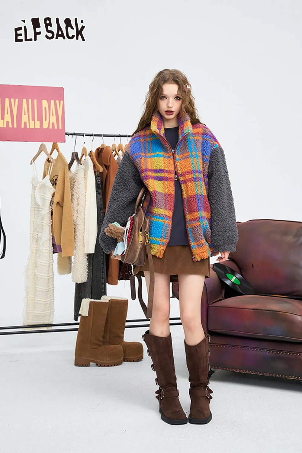 ELFSACK 2024 Winter New Arrivals Casual retro colorful plaid loose winter coat for women