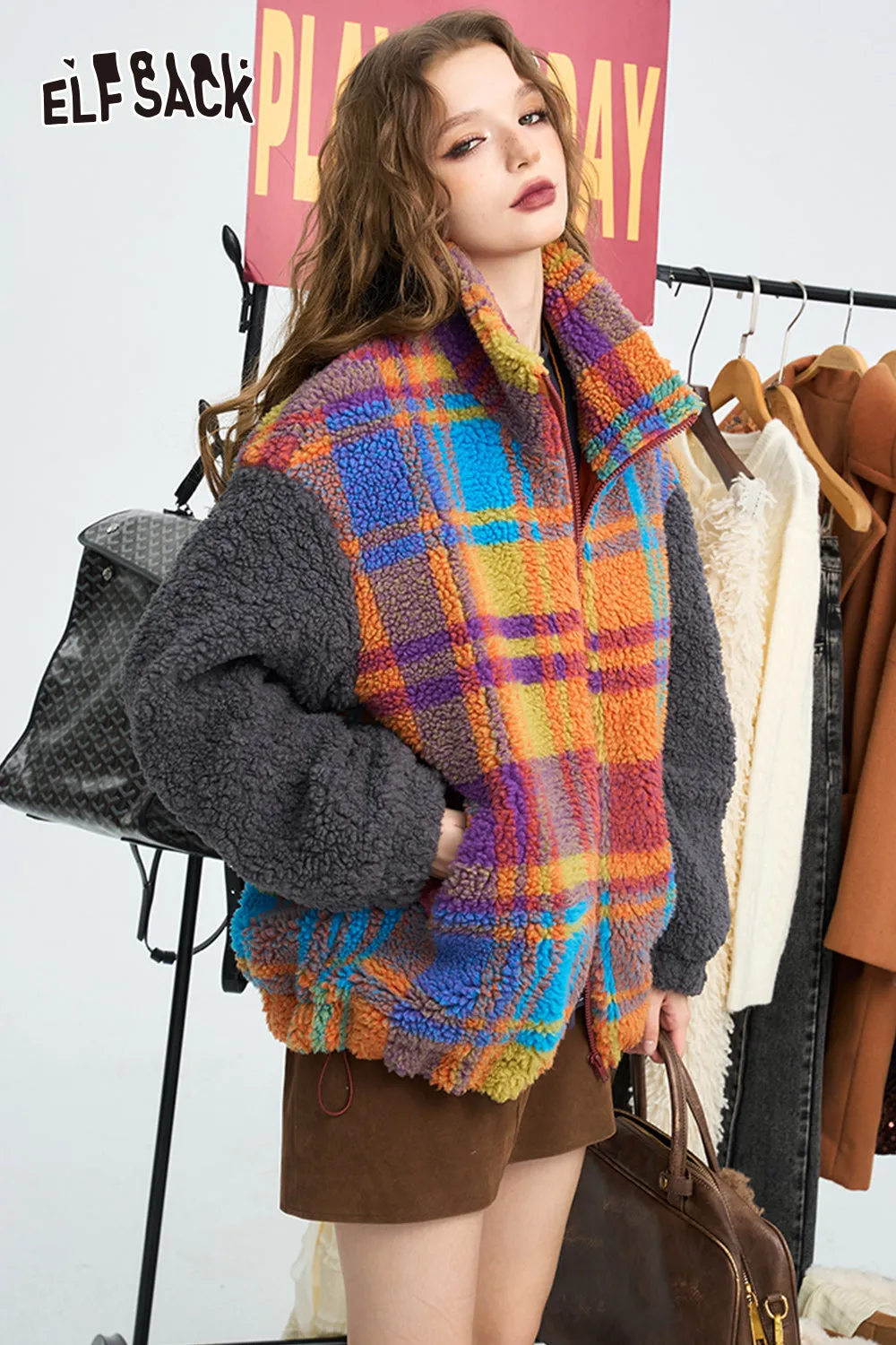 ELFSACK 2024 Winter New Arrivals Casual retro colorful plaid loose winter coat for women