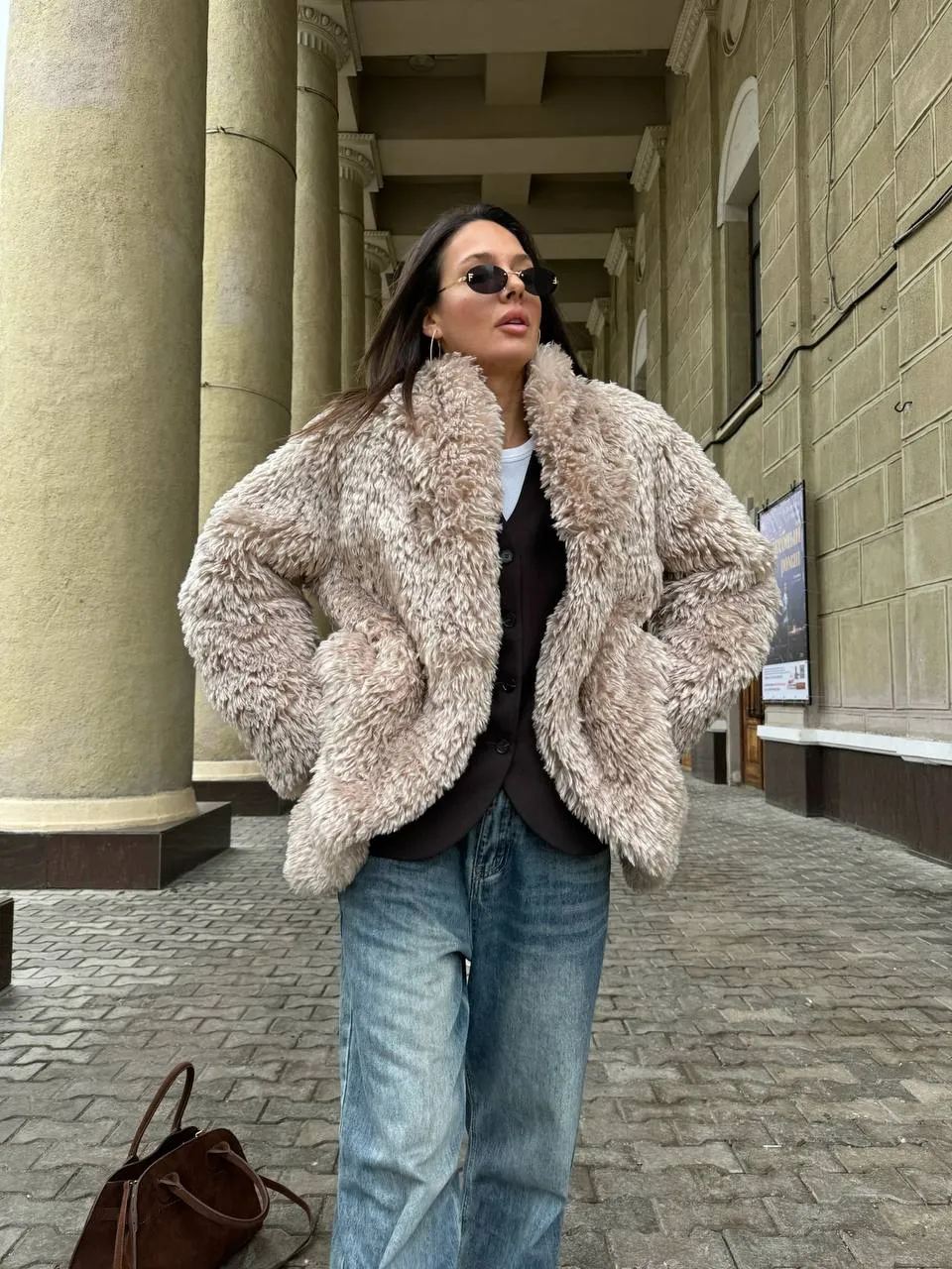 Faux Fur Coat with Leather Belt