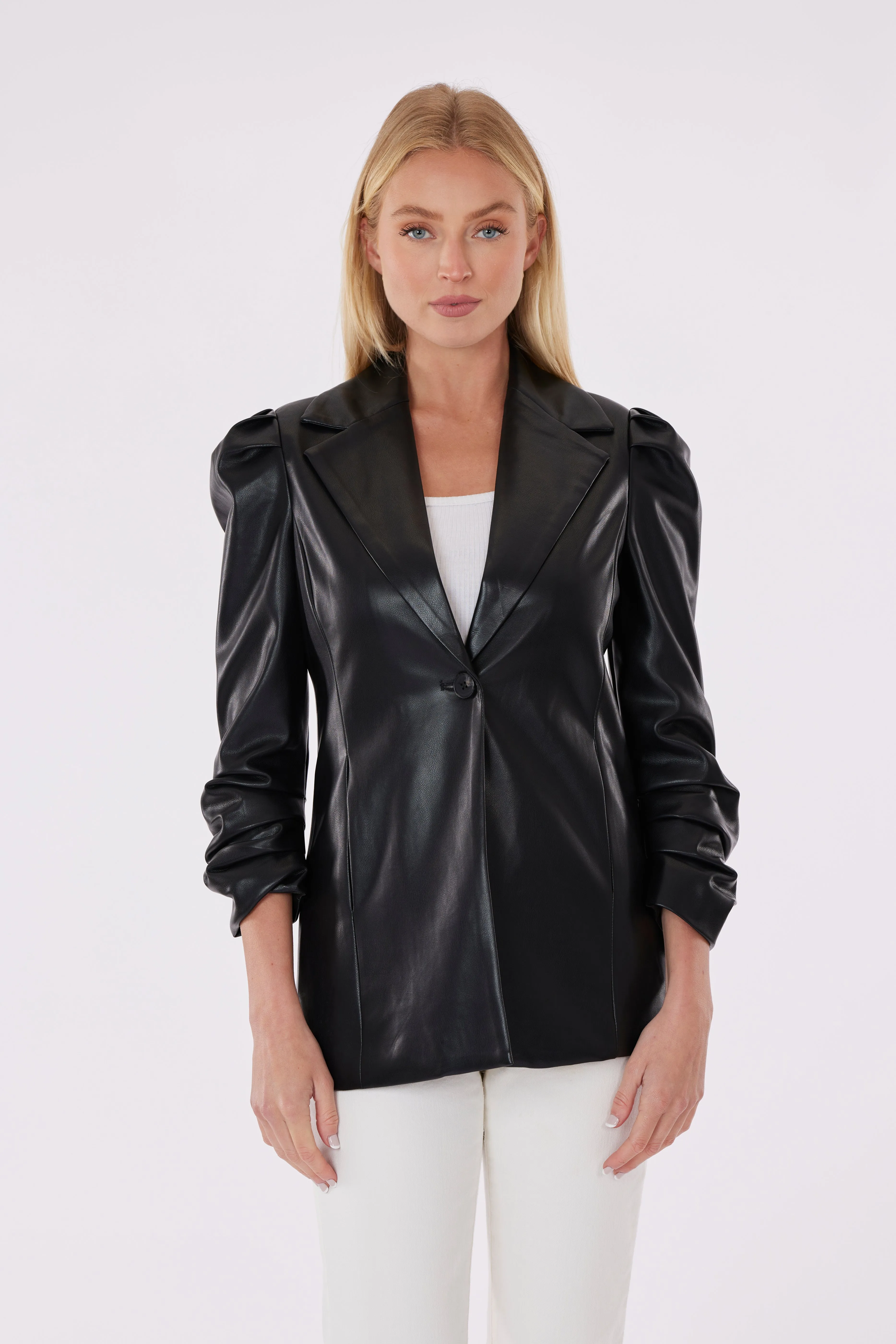 Faux Leather Blazer with Gathered Sleeves