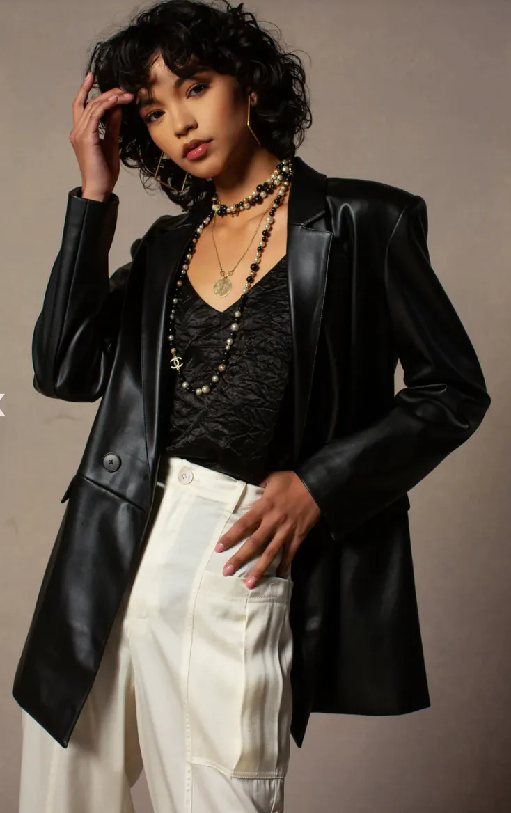 Faux Leather Double Breasted Blazer