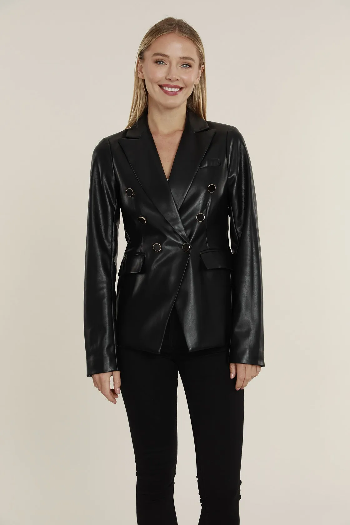 Faux Leather Double Breasted Blazer