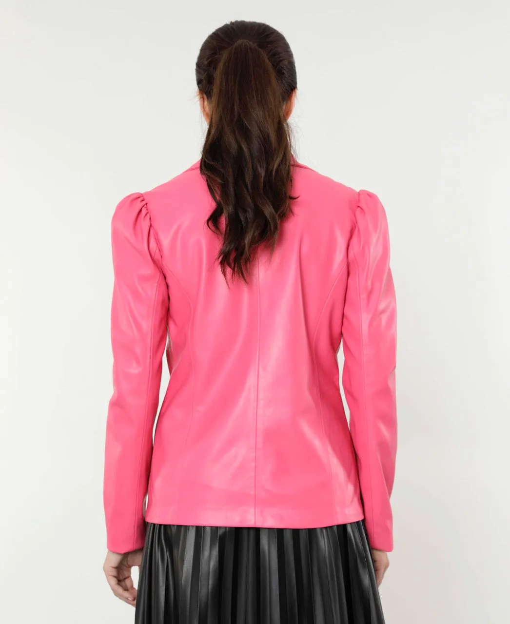 Faux Leather Puff Shoulder Blazer