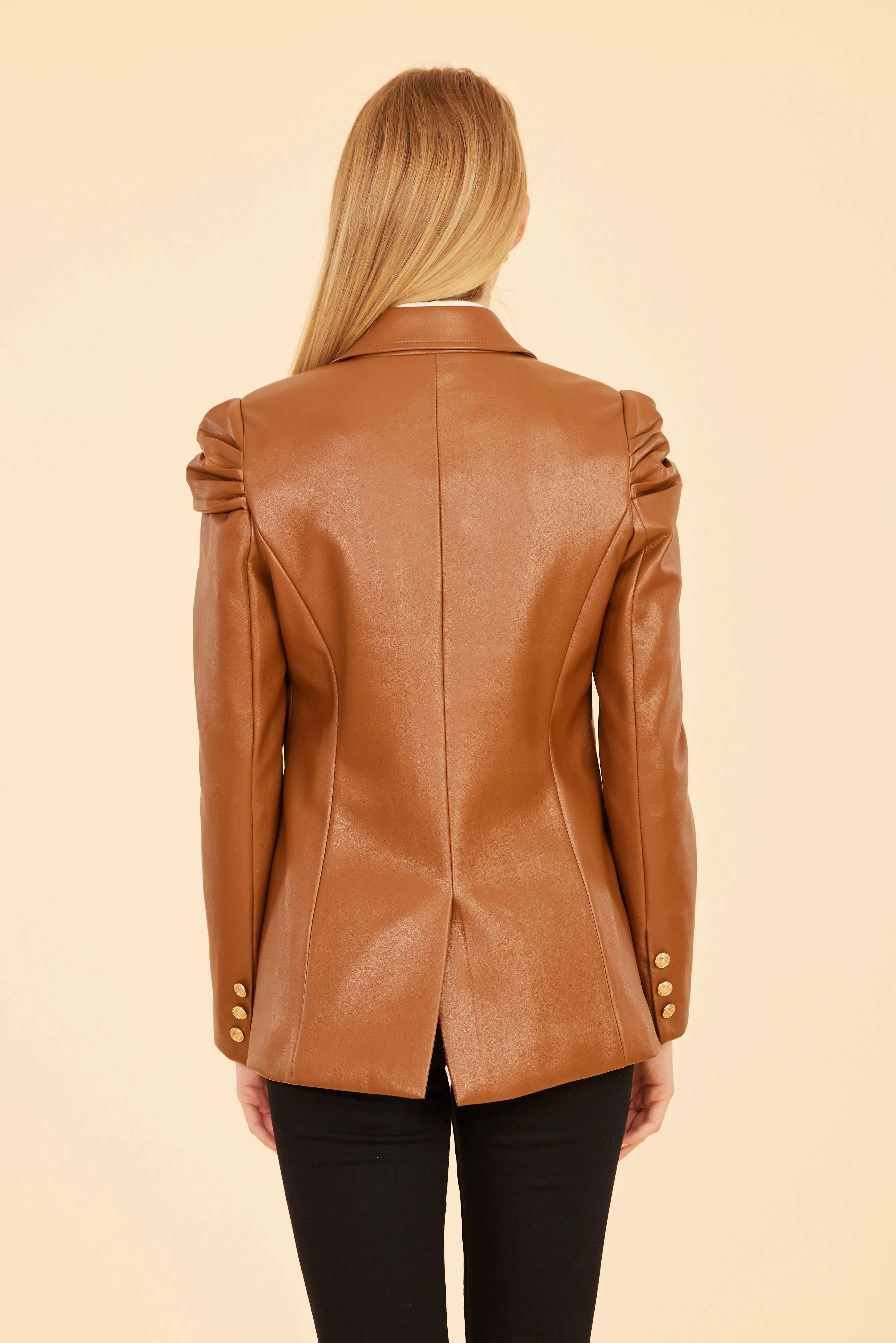 Faux Leather Ruched Shoulder Blazer