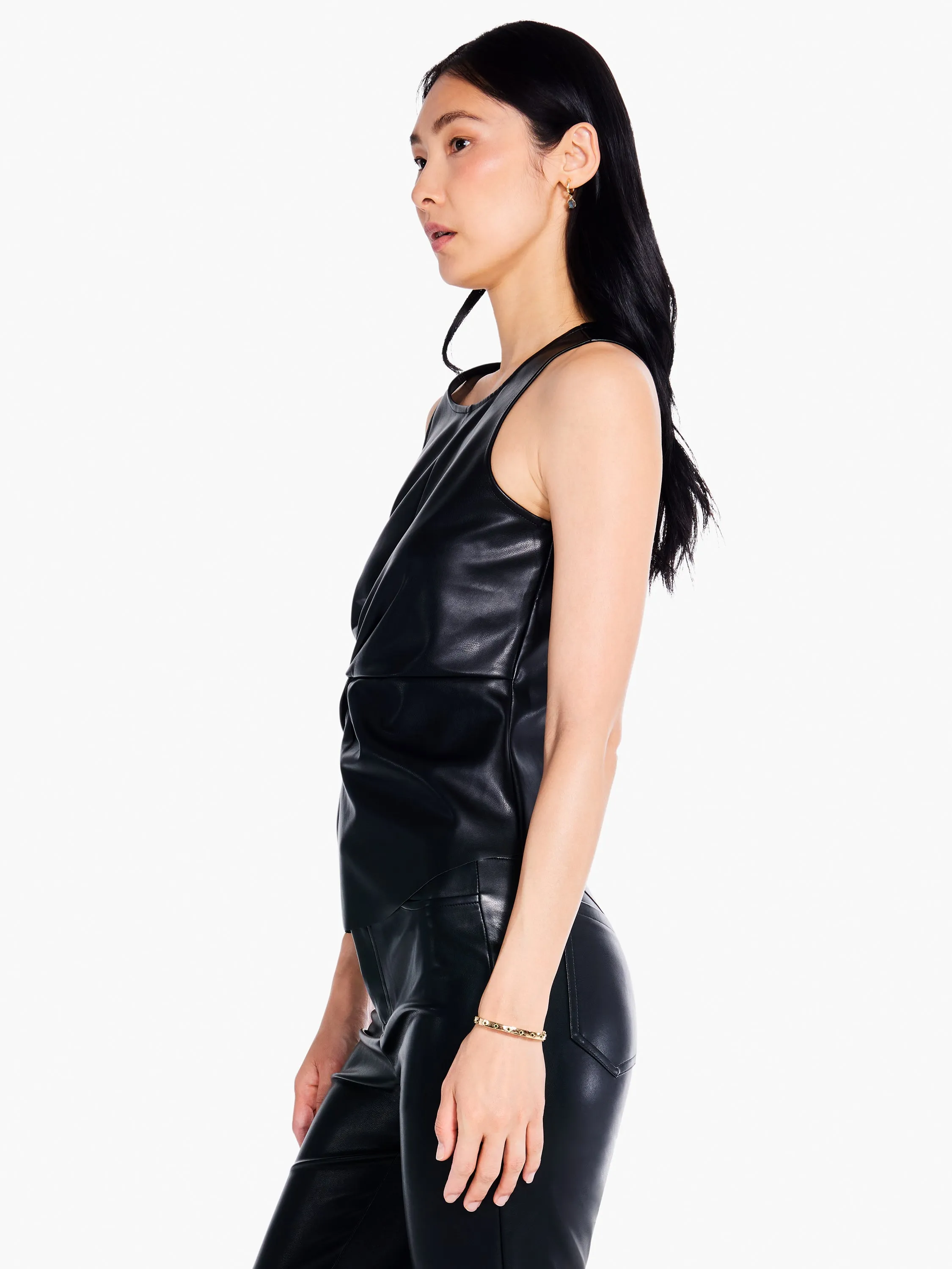 Faux Leather Twist Front Tank in Black Onyx