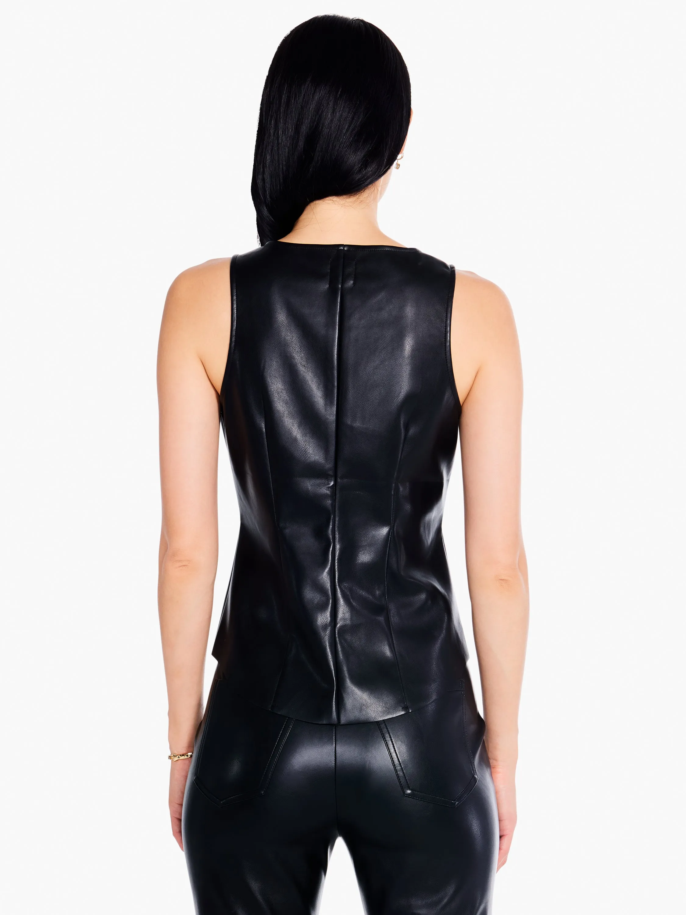 Faux Leather Twist Front Tank in Black Onyx