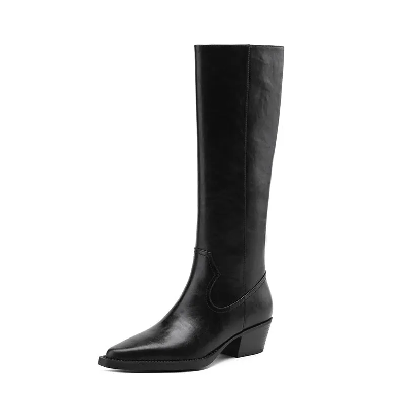 Genuine Leather Pointed Toe Chunky Heel Minimalist Design Women's Knee-High Boots in Black for Autumn