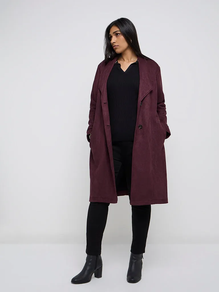 Gia Maroon Faux Suede Long Coat