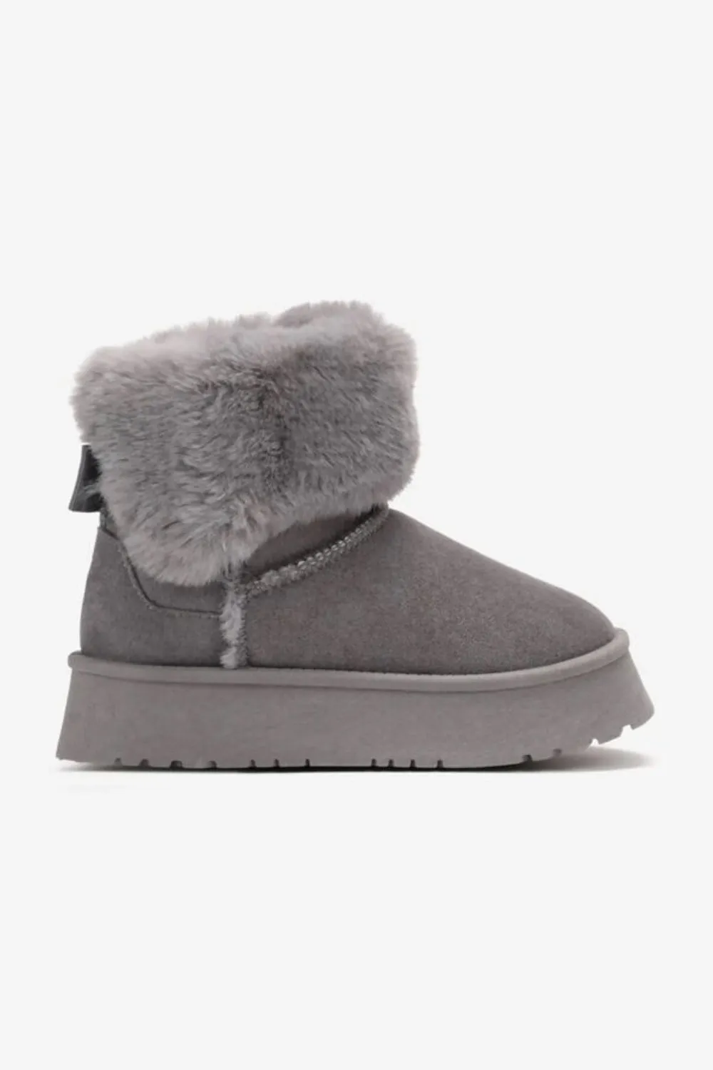 GLORIA SLIP ON ANKLE BOOTS WITH FAUX FUR AND BOW DETAIL IN GREY SUEDE