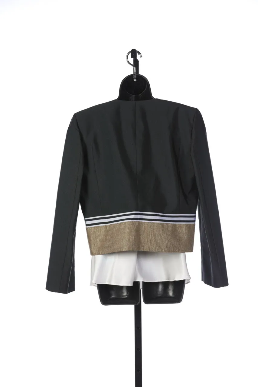 Gucci Black w/ Gold Cropped Collarless Jacket with Gold Metal Brooch