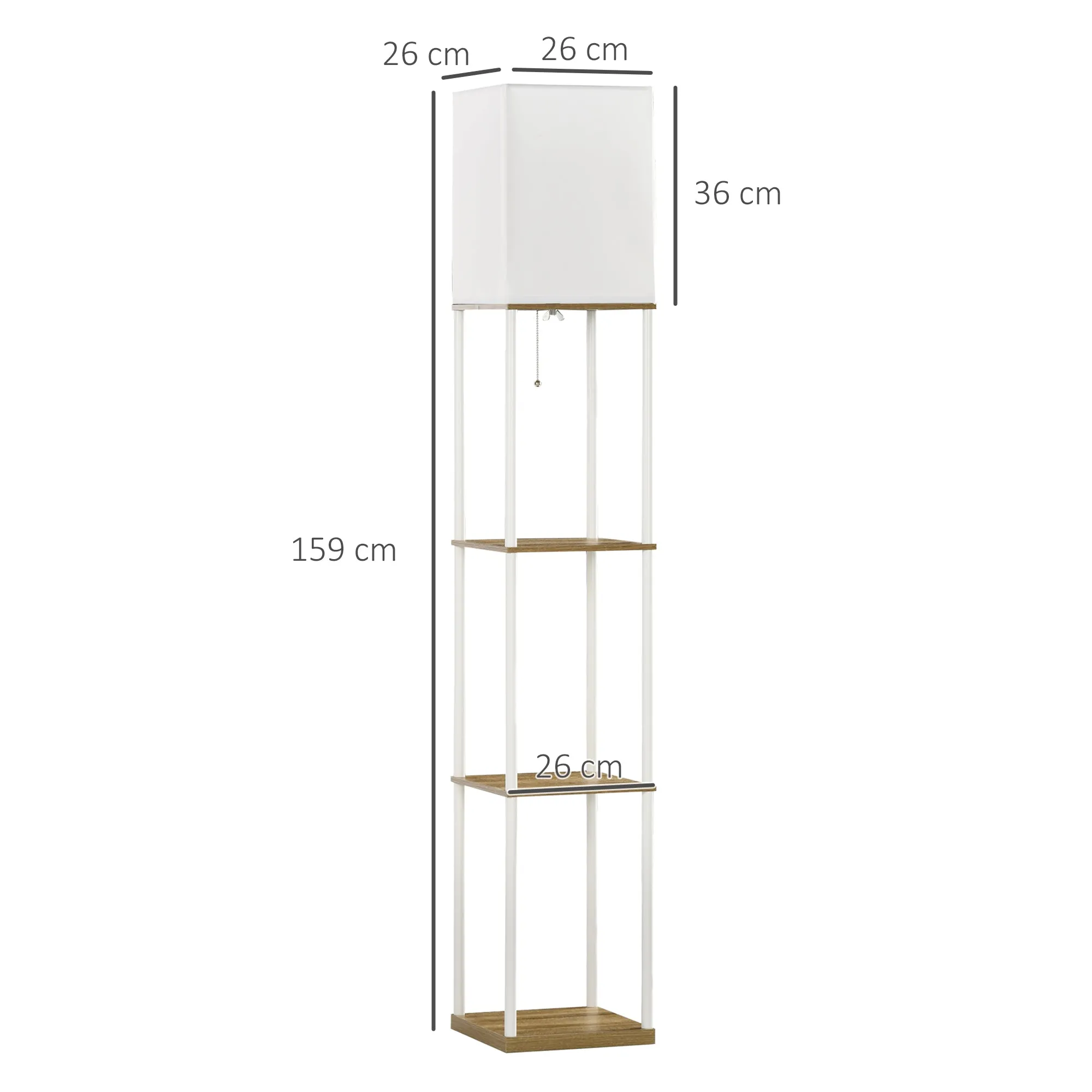 HOMCOM Modern Floor Lamp with Shelves, 3 Layer Shelf Tall Standing Lamp with Fabric Lampshade, Pull Chain Switch for Living Room, Bedroom, (Bulb not Included), White