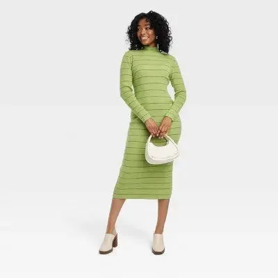 House of Aama Women's High Neck idi Knit Dress Long Sleeve, Green Striped,