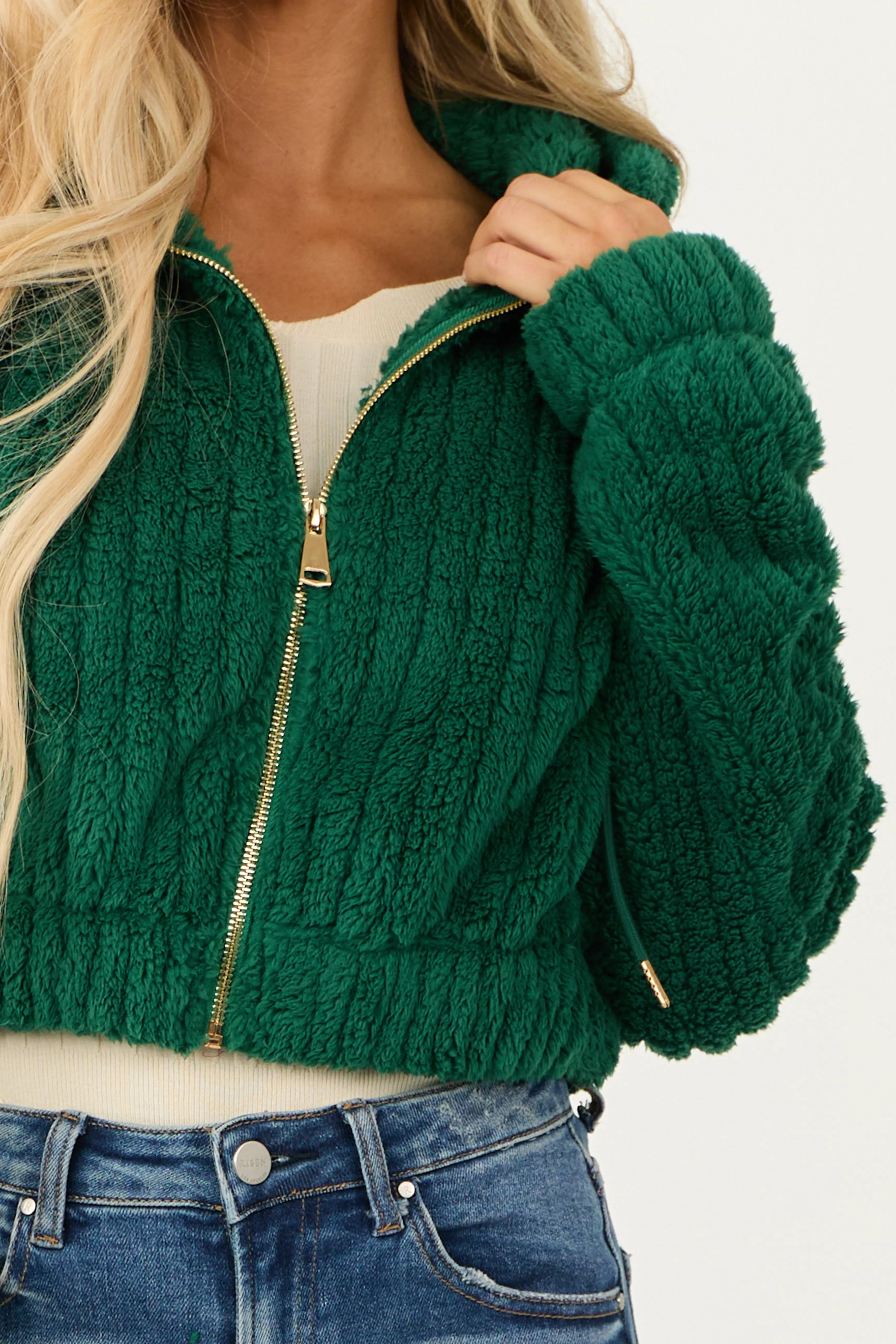 Hunter Green Hooded Ribbed Faux Fur Jacket