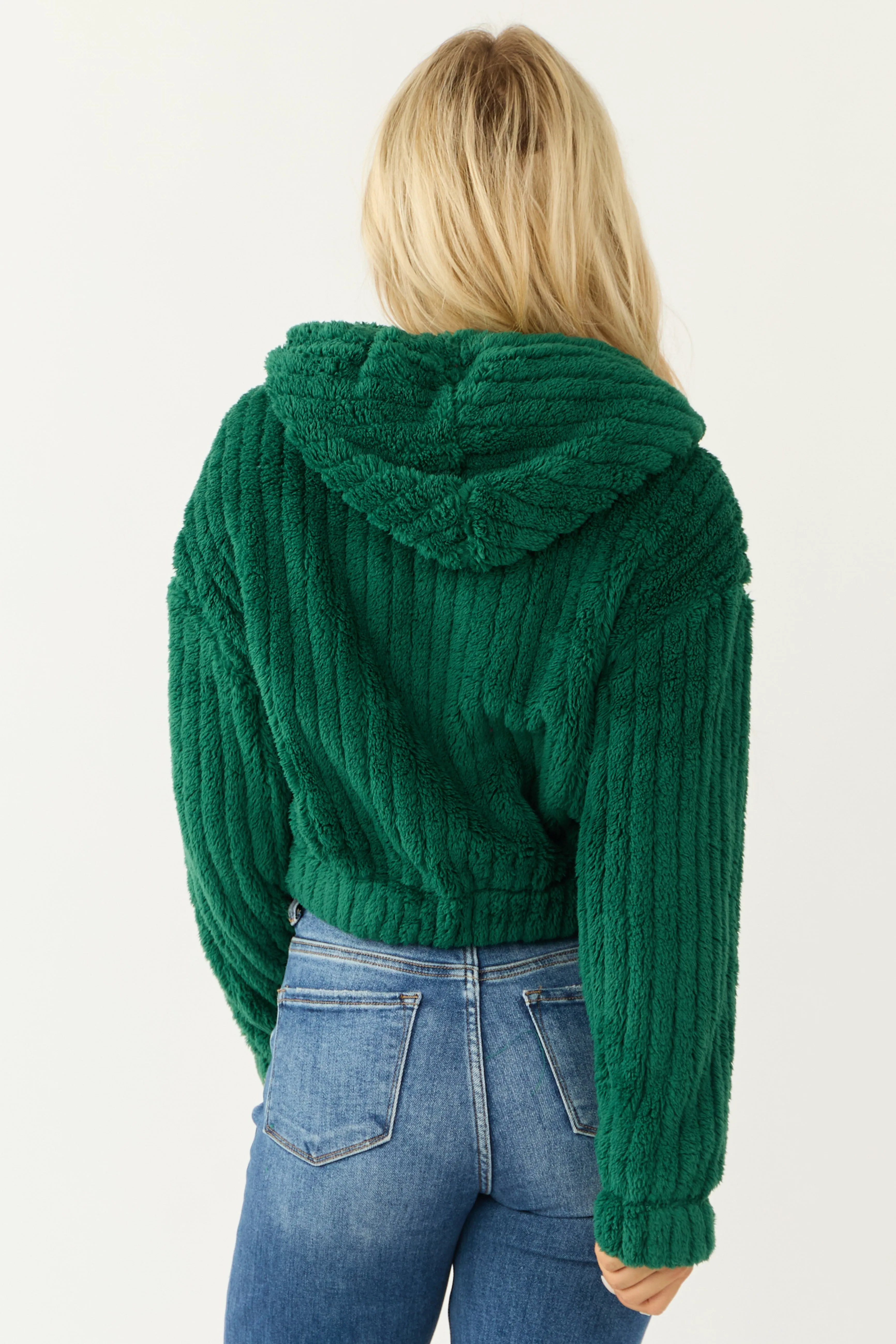 Hunter Green Hooded Ribbed Faux Fur Jacket